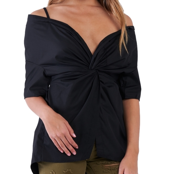 Black Off The Shoulder Front Twist High Low Top - Picture 3 of 3